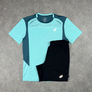 ASICS CURVED SEAM T-SHIRT & SHORTS SET - MINT / BLACK