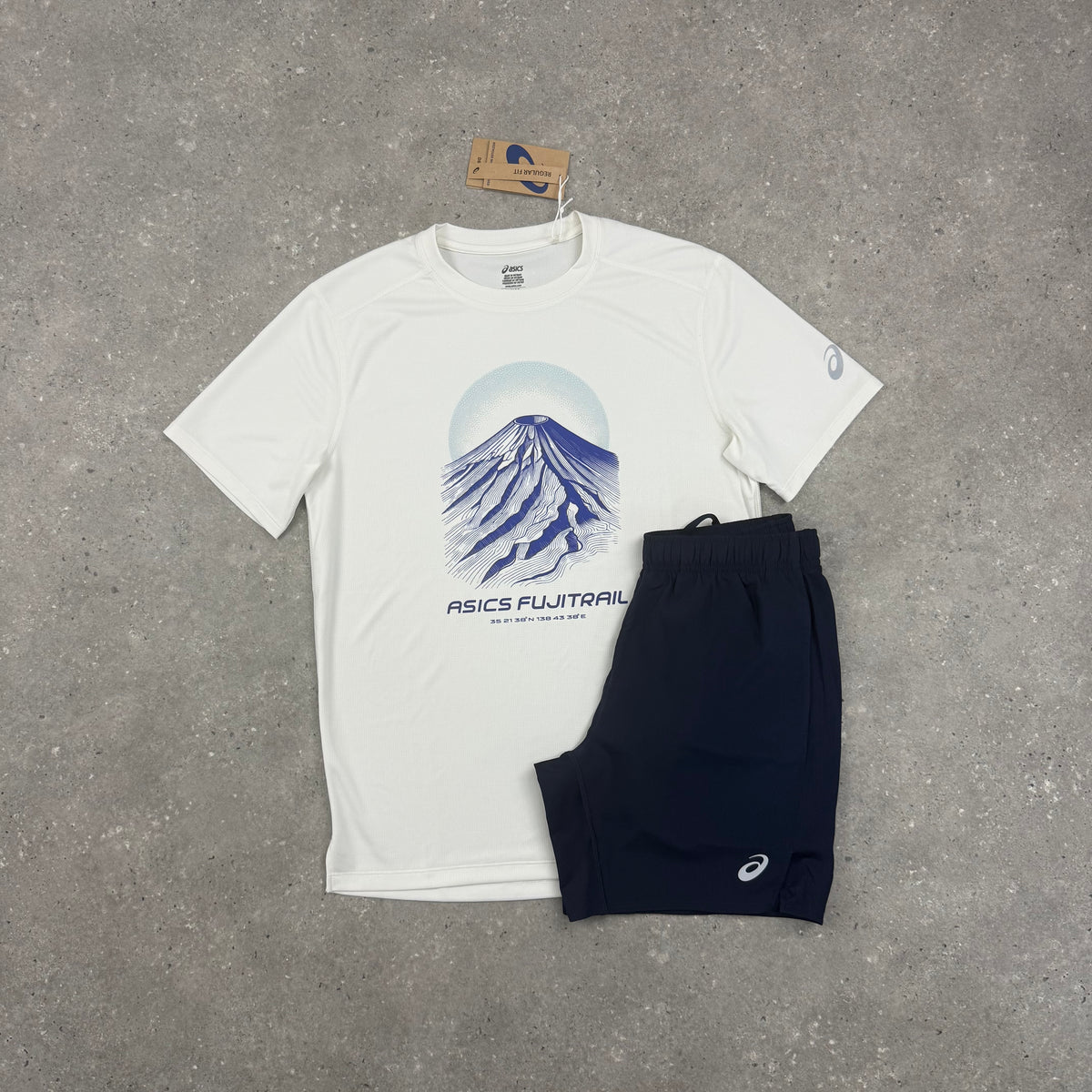 ASICS FUJITRAIL T-SHIRT & CORE SHORTS - CREAM COBALT / NAVY