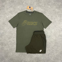 ASICS LOGO T-SHIRT & SHORT SET - MANTLE GREEN / BROWN STONE