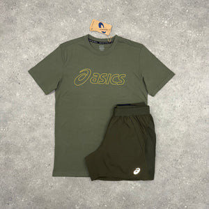 ASICS LOGO T-SHIRT & SHORT SET - MANTLE GREEN / BROWN STONE