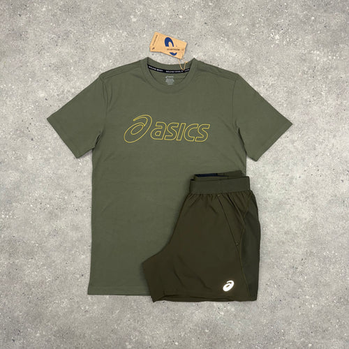 ASICS LOGO T-SHIRT & SHORT SET - MANTLE GREEN / BROWN STONE