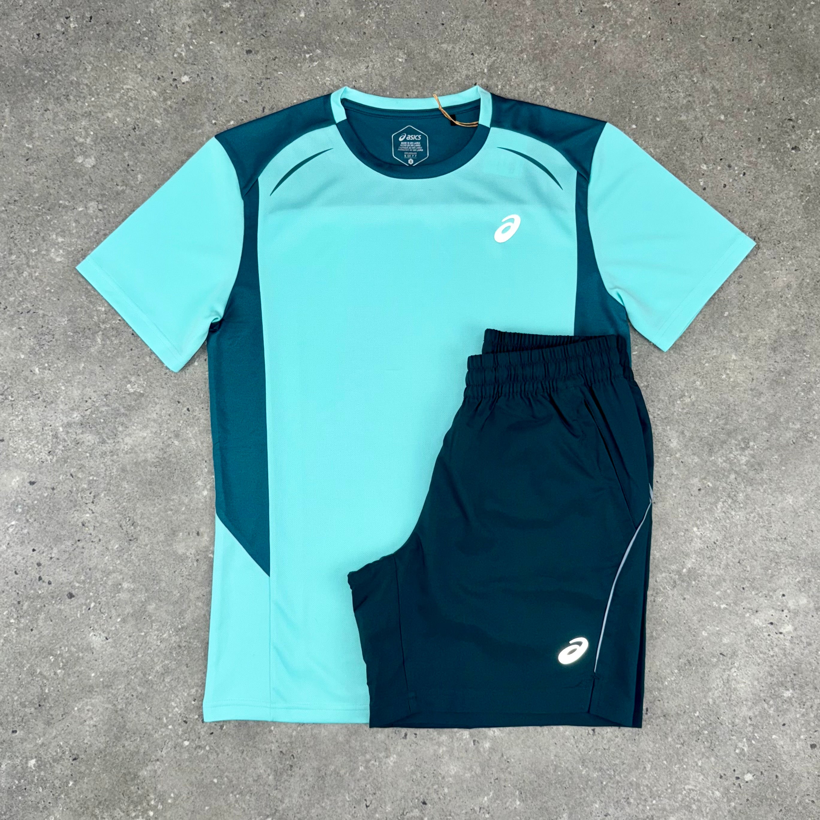 ASICS CURVED SEAM T-SHIRT & SHORT SET - MINT/SAXON GREEN