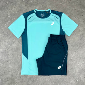 ASICS CURVED SEAM T-SHIRT & SHORT SET - MINT/SAXON GREEN