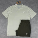 ASICS JACQUARD T-SHIRT & SHORT SET - MINERAL BEIGE / BROWN
