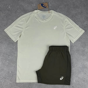 ASICS JACQUARD T-SHIRT & SHORT SET - MINERAL BEIGE / BROWN