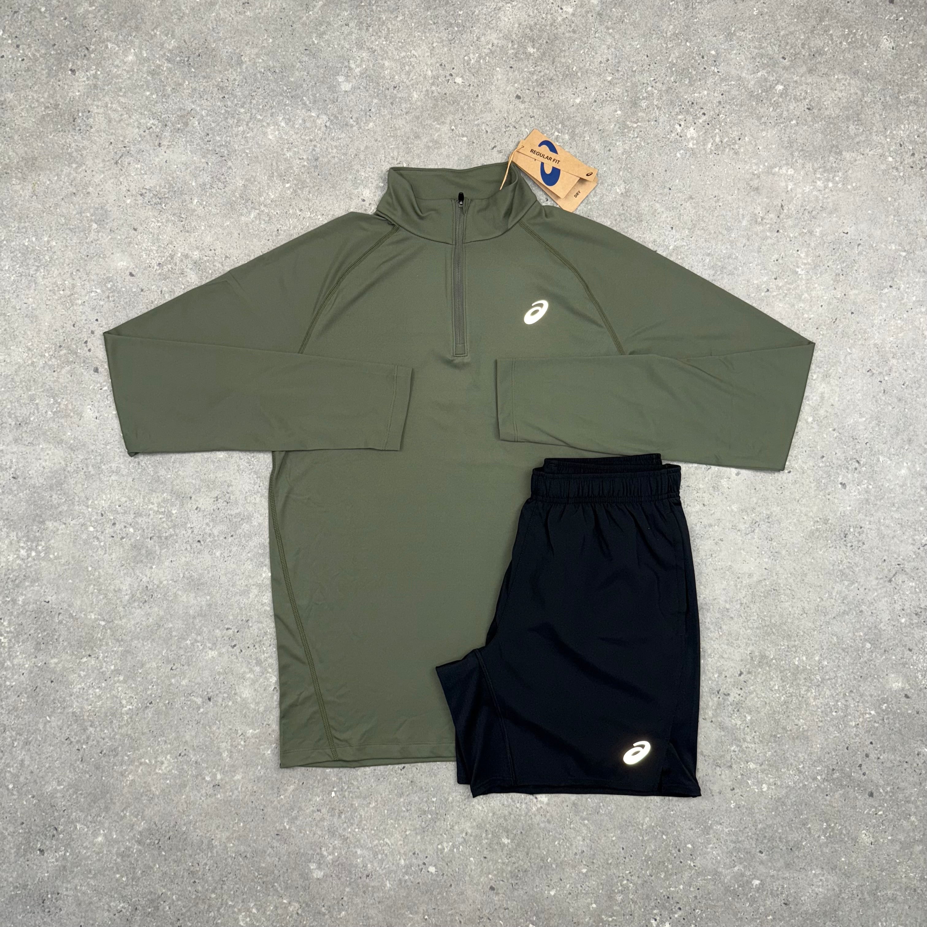 ASICS PERFORMANCE ZIP TOP & SHORT SET - MANTLE GREEN / BLACK