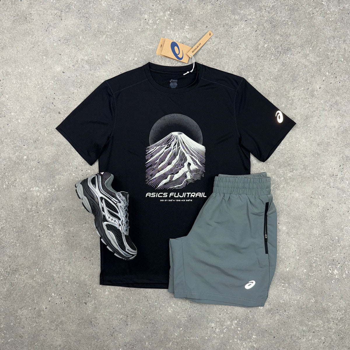 ASICS FUJITRAIL T-SHIRT & PANEL SHORTS SET - BLACK / GREY