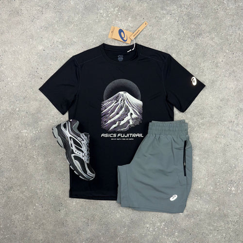 ASICS FUJITRAIL T-SHIRT & PANEL SHORTS SET - BLACK / GREY