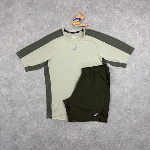 ASICS FUJITRAIL T-SHIRT & SHORT SET - MANTLE GREEN / BROWN STONE