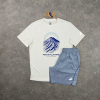 ASICS FUJITRAIL T-SHIRT & SHORTS SET - CREAM COLBALT / LIGHT GREY