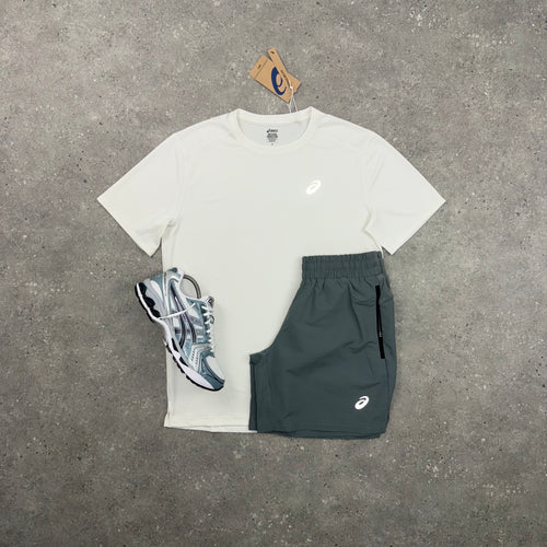 ASICS CORE T-SHIRT & PANEL SHORTS SET - WHITE / GREY