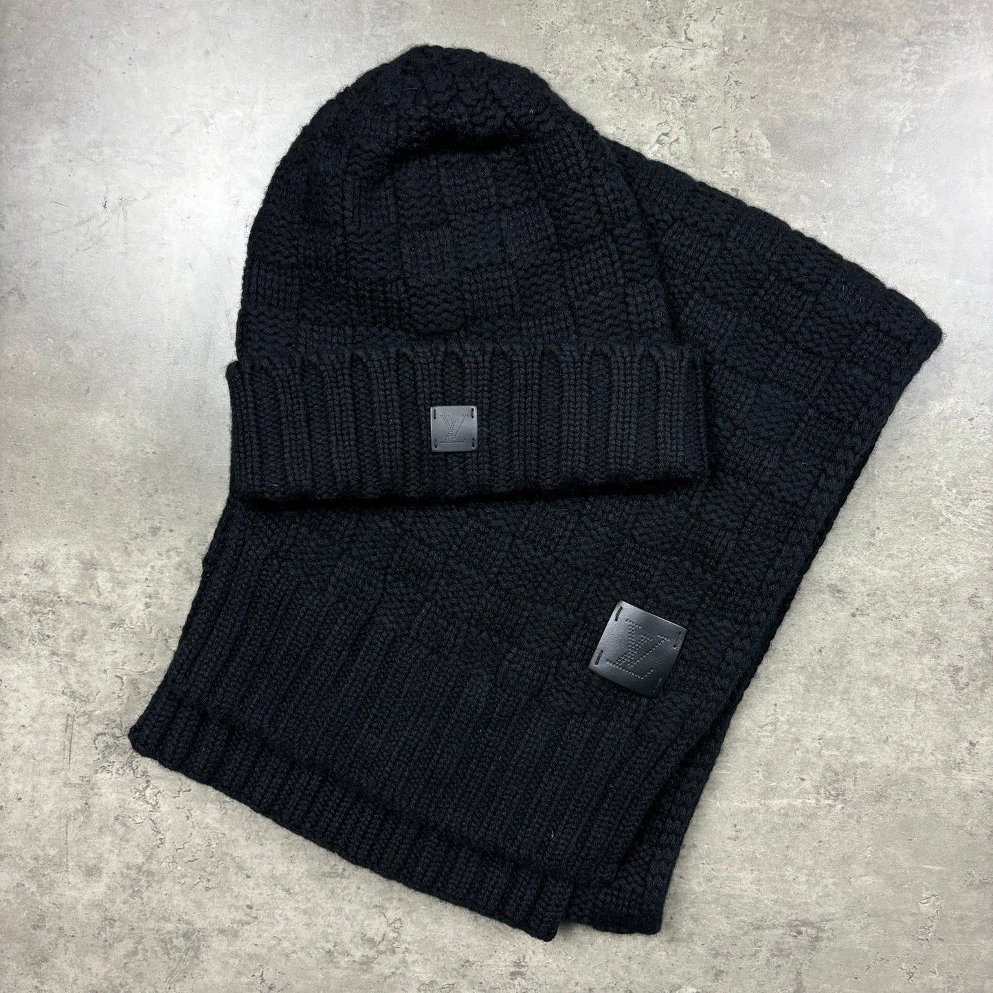 LOUIS VUITTON CASHMERE SCARF & BEANIE SET - BLACK