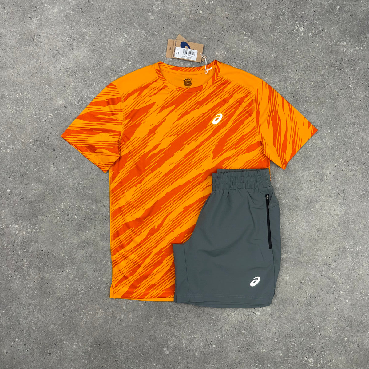 ASICS ALL OVER T-SHIRT & PANEL SHORTS SET - YAMABUKI ORANGE / GREY