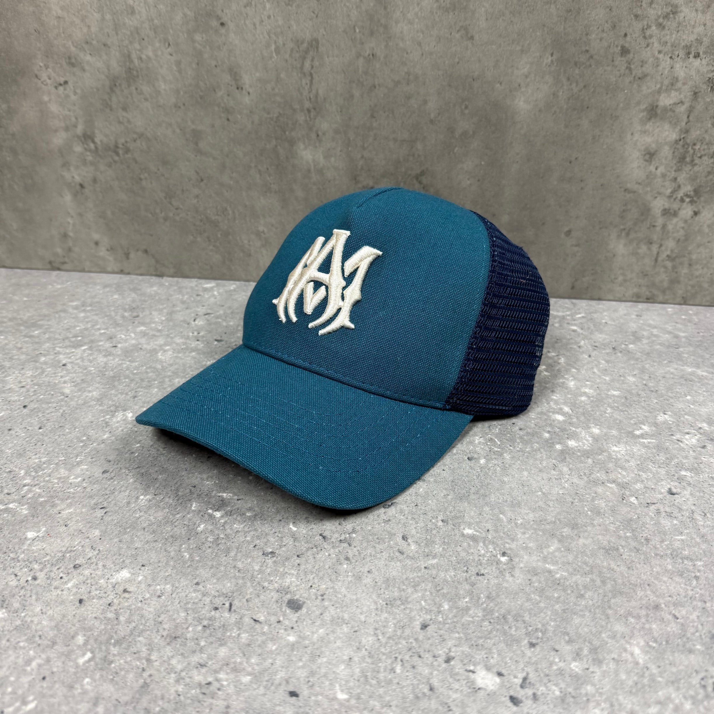 AMIRI TEAL MA LOGO TRUCKER CAP