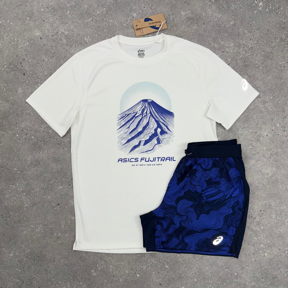 ASICS FUJITRAIL T-SHIRT & SHORTS - CREAM COBALT / NAVY