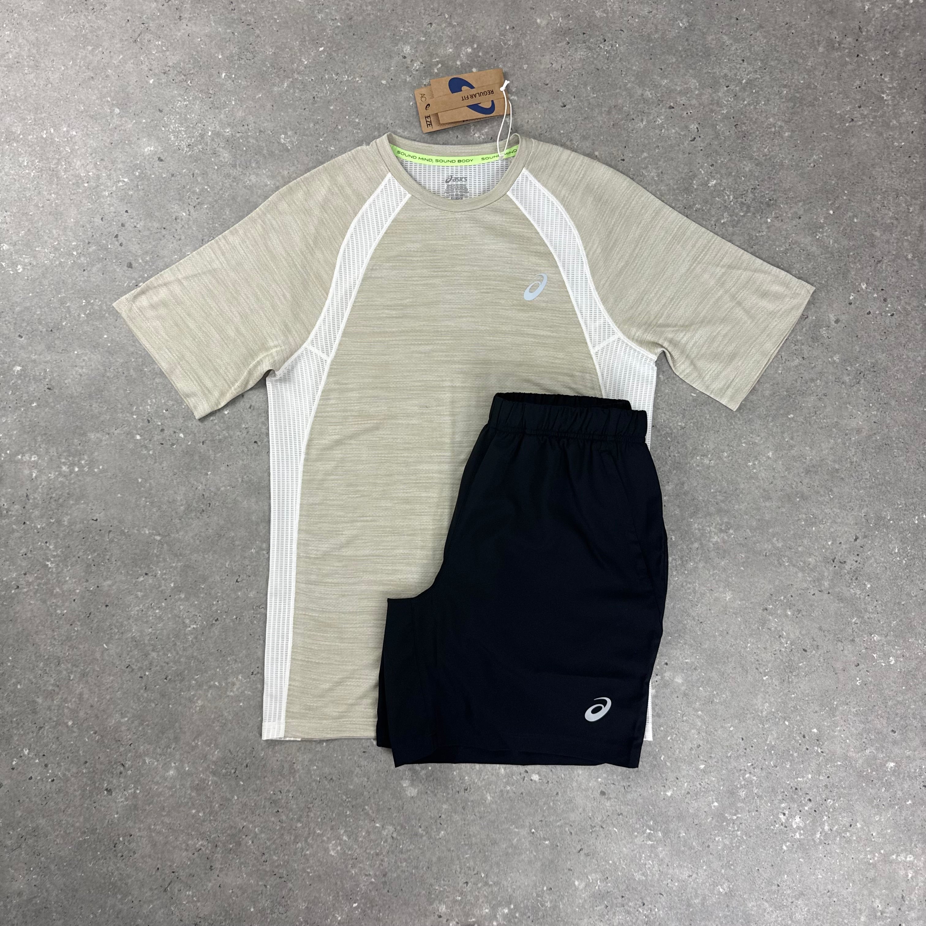 ASICS ROAD T-SHIRT & SHORT SET - BEIGE/BLACK