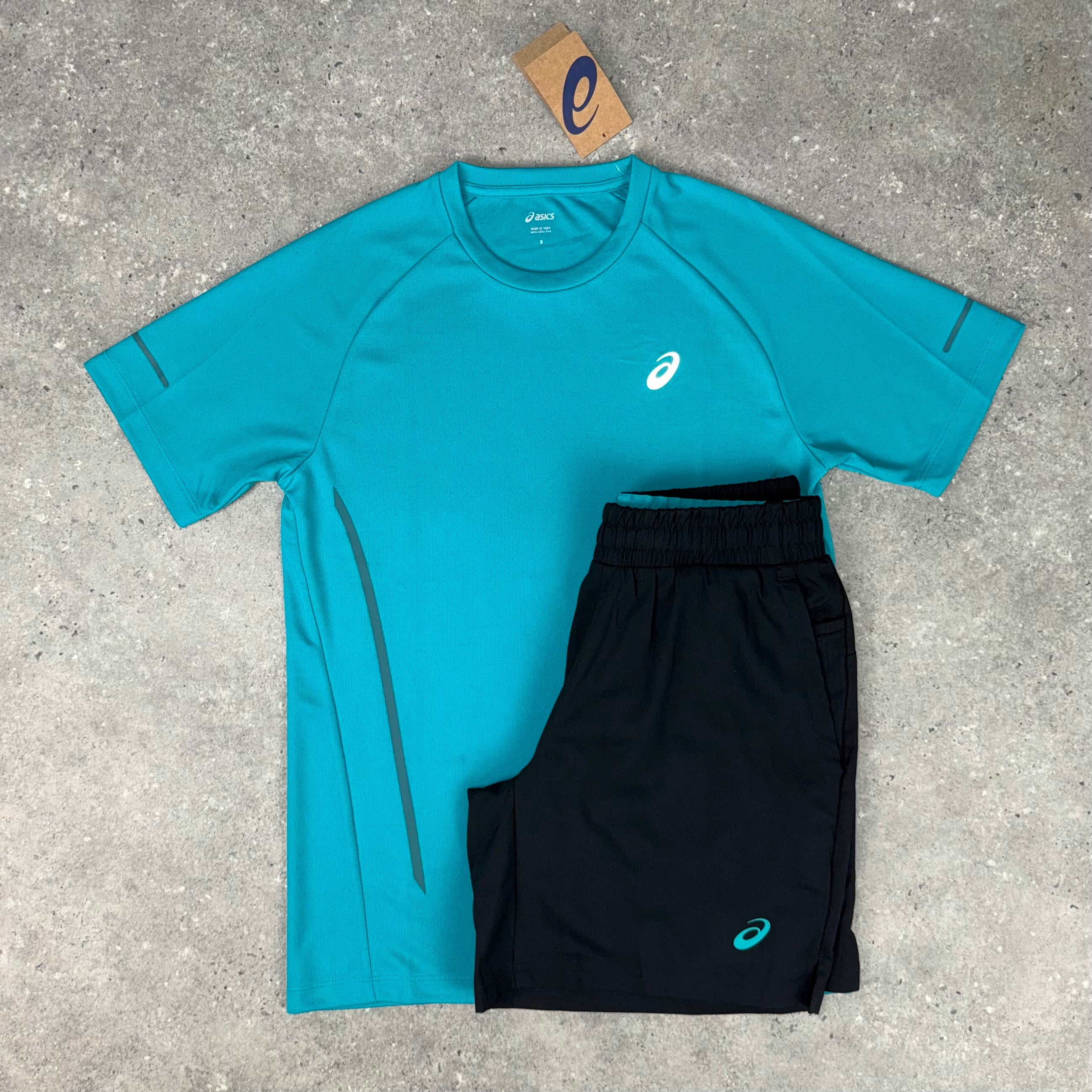 ASICS RAGLAN T-SHIRT & SHORT SET - LAGOON BLUE / BLACK