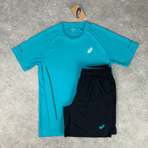 ASICS RAGLAN T-SHIRT & SHORT SET - LAGOON BLUE / BLACK