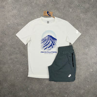 ASICS FUJITRAIL T-SHIRT & PANEL SHORTS SET - CREAM COLBALT / GREY