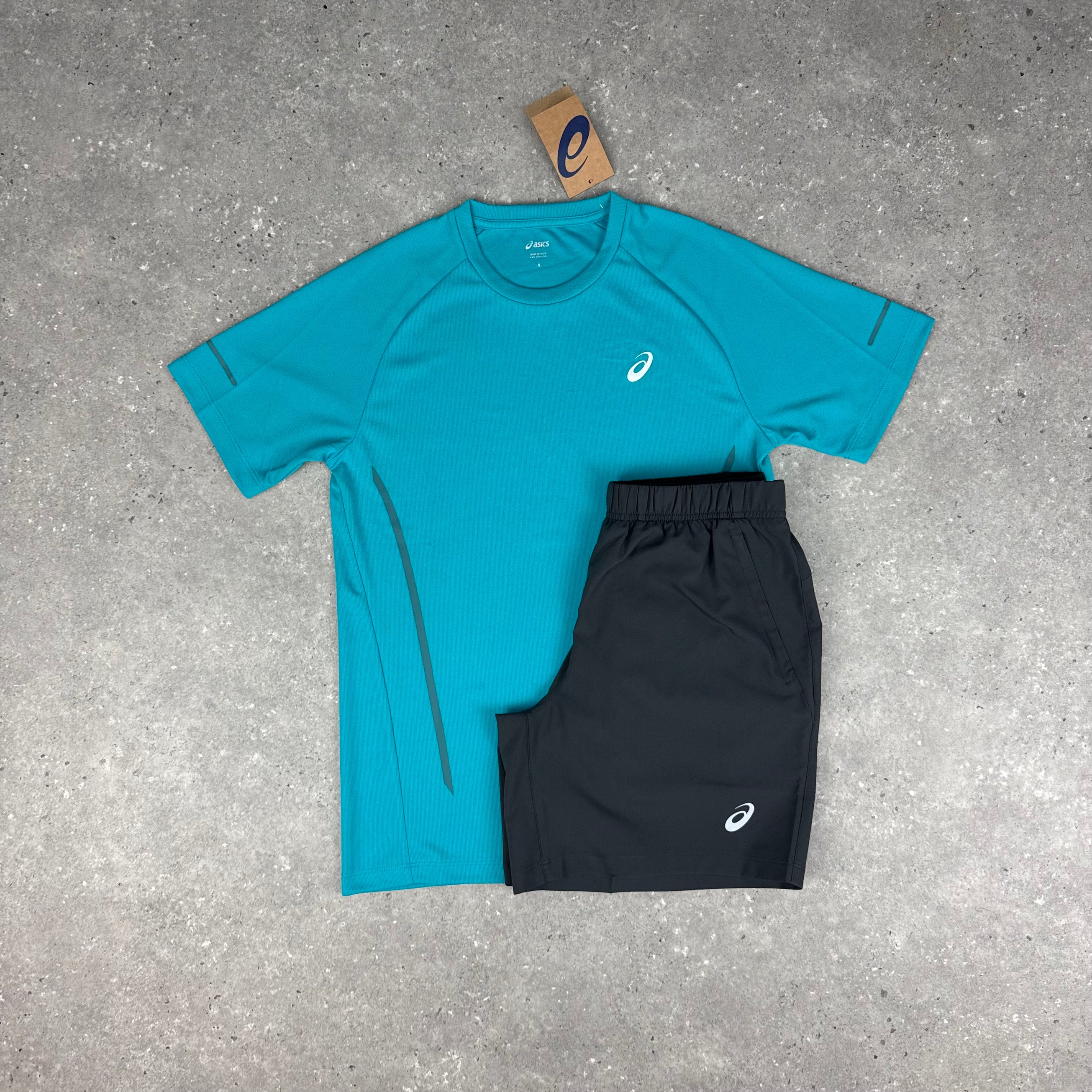 ASICS RAGLAN T-SHIRT & SHORT SET - LAGOON BLUE / DARK GREY