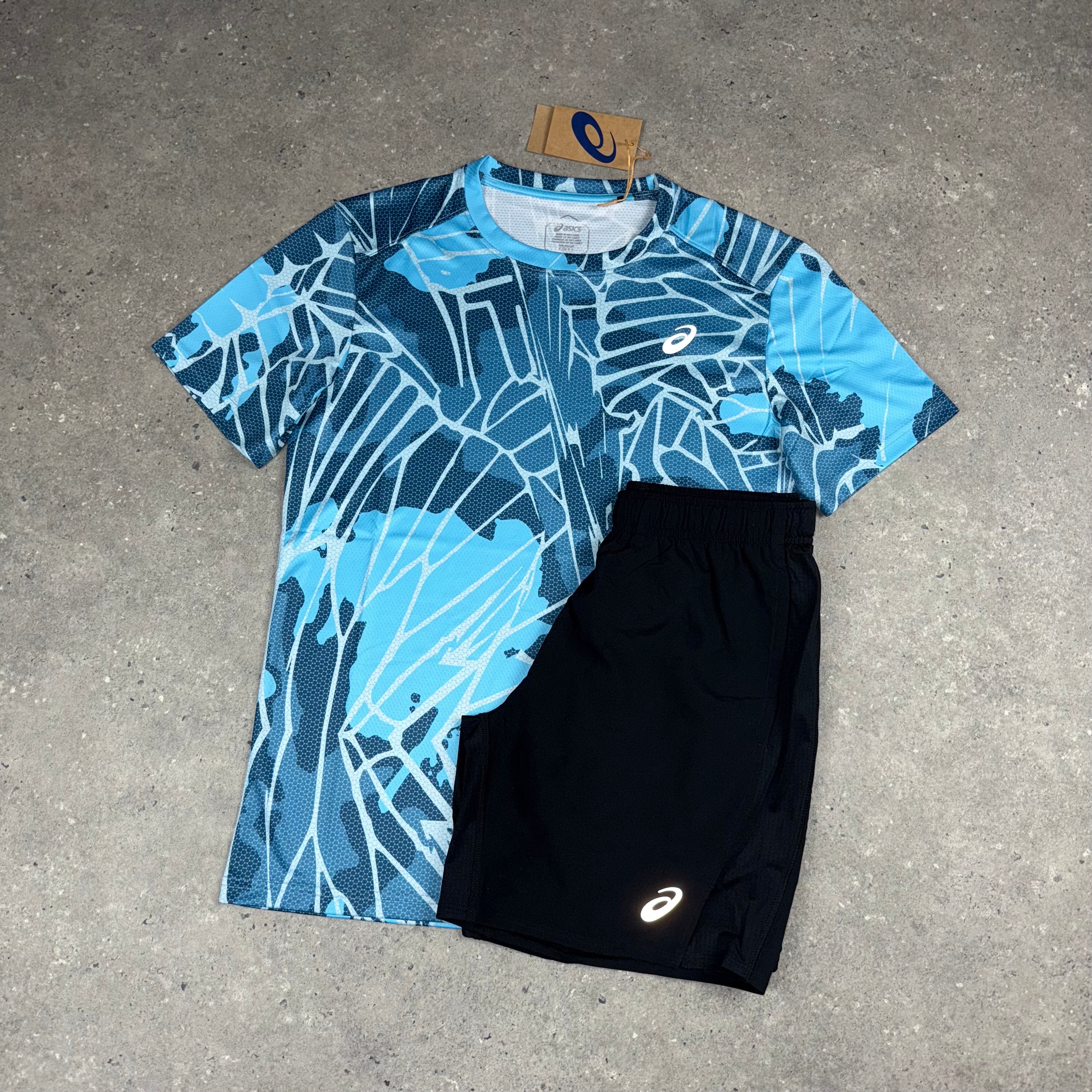 ASICS GRAPHIC ARCTIC SKY T-SHIRT & BLACK SHORTS SET