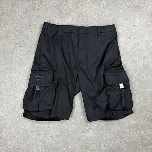 PRADA RE-NYLON BERMUDA CARGO SHORTS BLACK - (L)