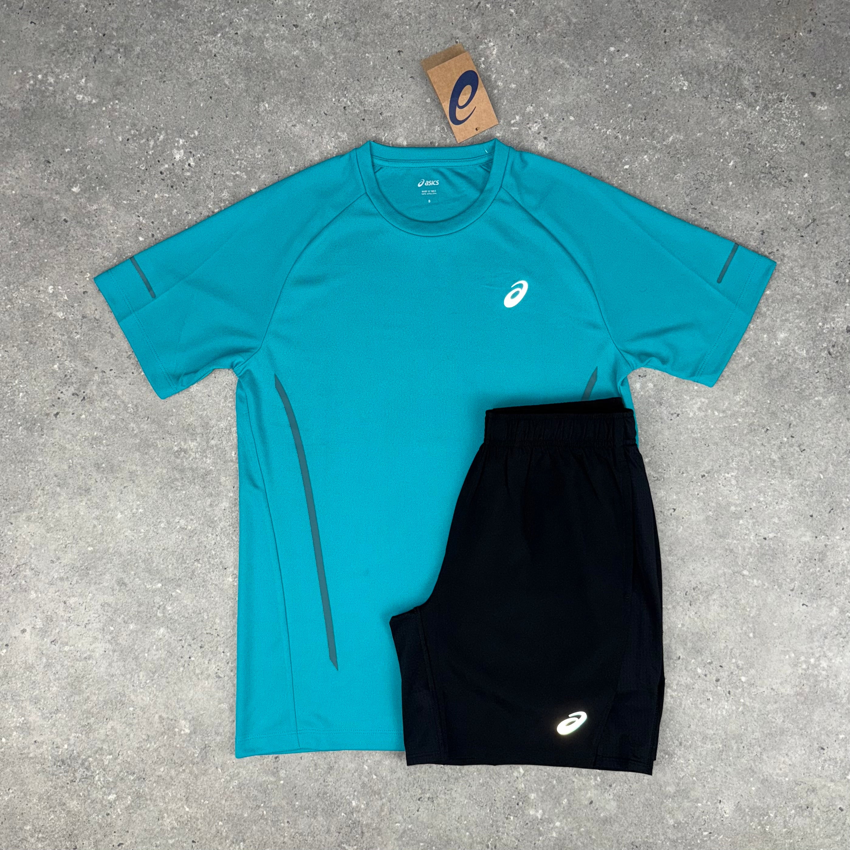ASICS RAGLAN T-SHIRT & SHORT SET - LAGOON BLUE / BLACK