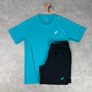 ASICS RAGLAN T-SHIRT & SHORT SET - LAGOON BLUE / BLACK