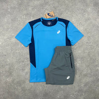 ASICS CURVED SEAM TOP & PANEL SHORTS SET - BLUE / GREY