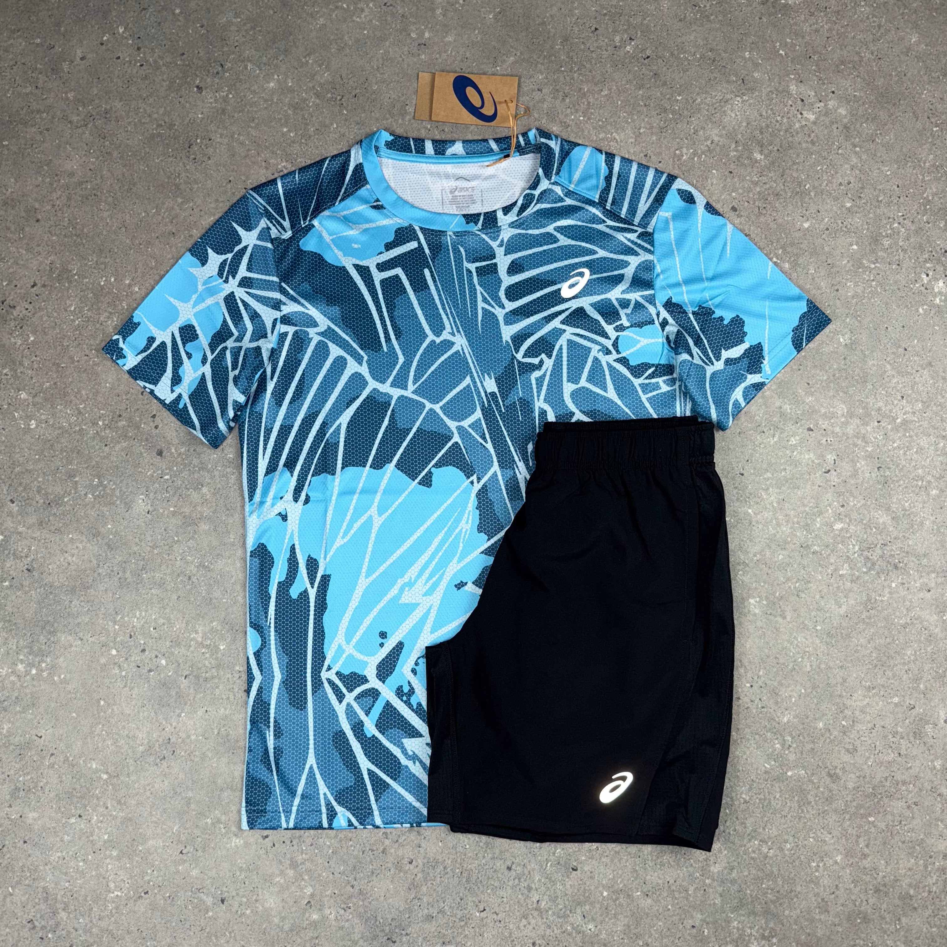 ASICS GRAPHIC ARCTIC SKY T-SHIRT & BLACK SHORTS SET