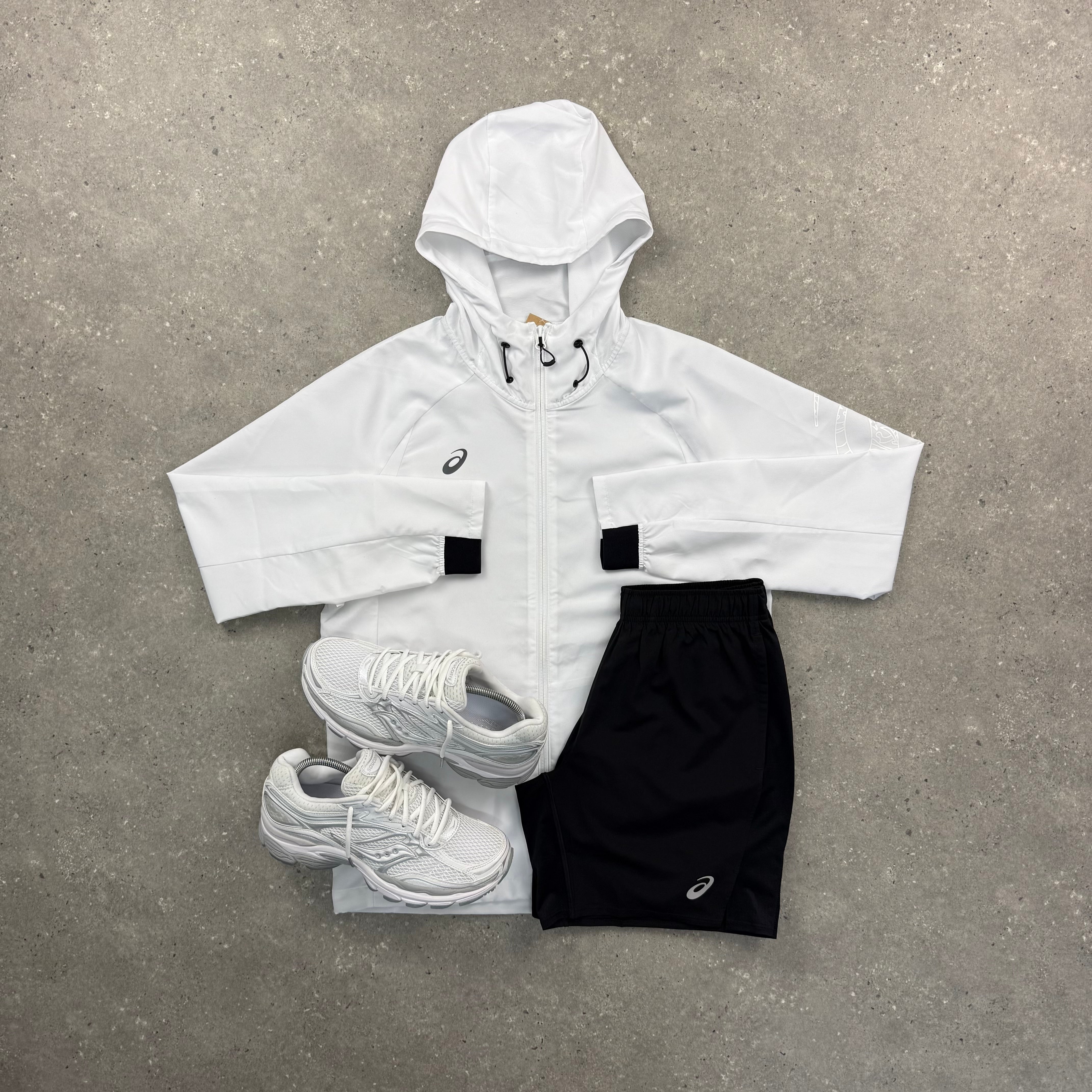 ASICS SPIRAL WINDRUNNER JACKET & SHORT SET - WHITE / BLACK