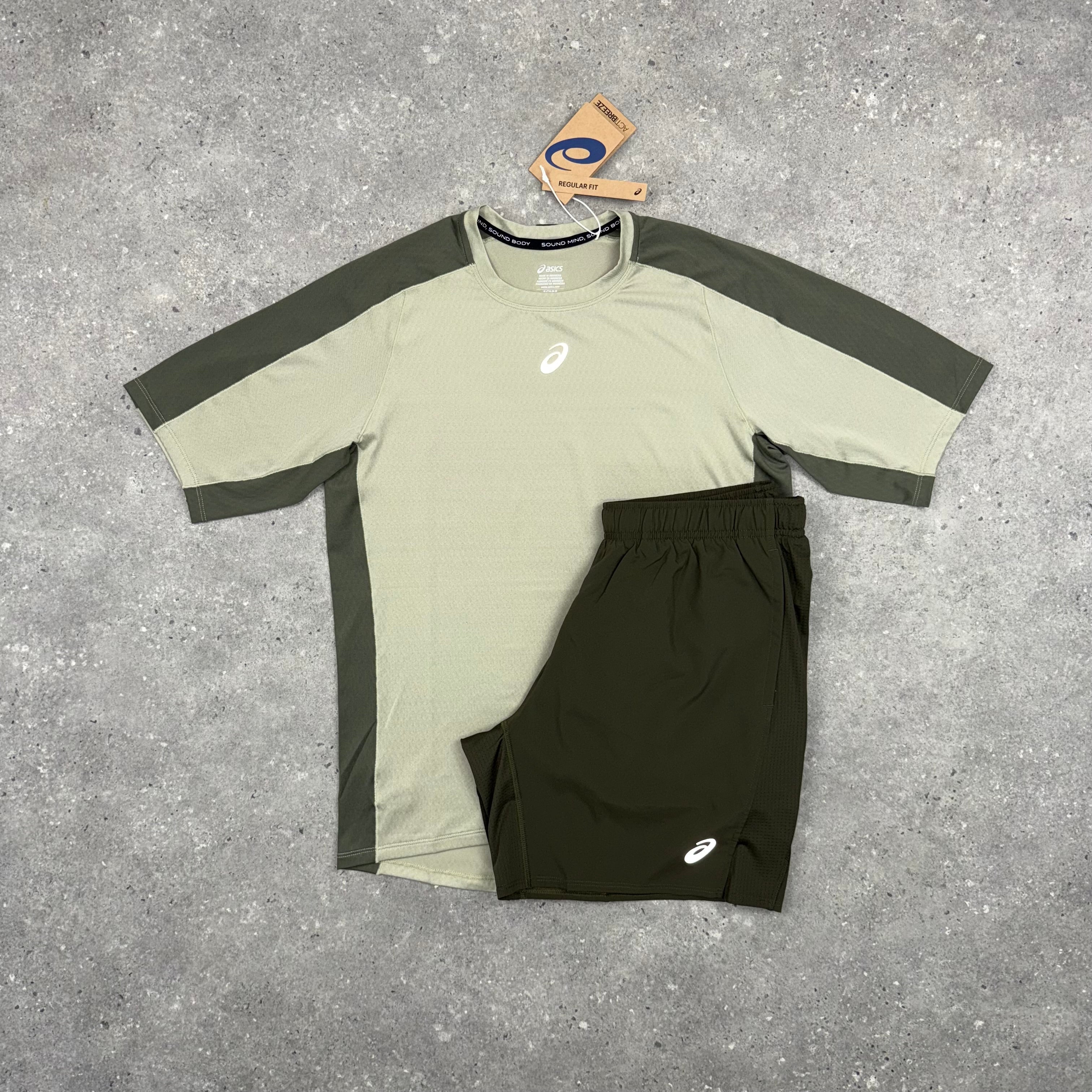 ASICS FUJITRAIL T-SHIRT & SHORT SET - MANTLE GREEN / BROWN STONE