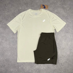 ASICS MINERAL BEIGE JACQUARD T-SHIRT & BROWN SHORTS SET