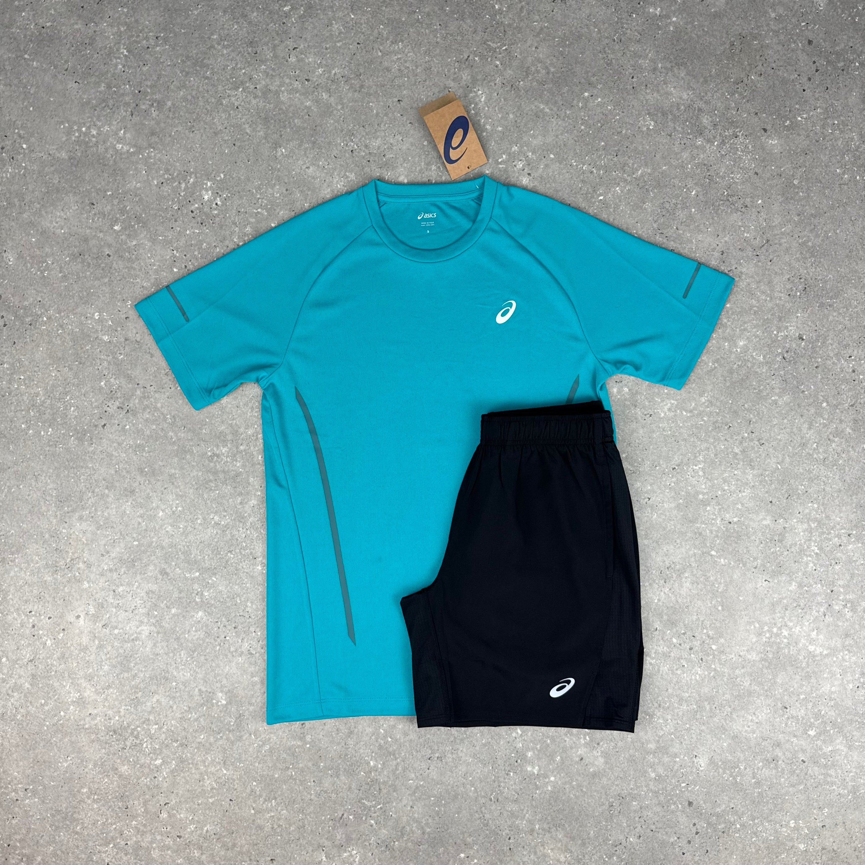 ASICS RAGLAN T-SHIRT & SHORT SET - LAGOON BLUE / BLACK