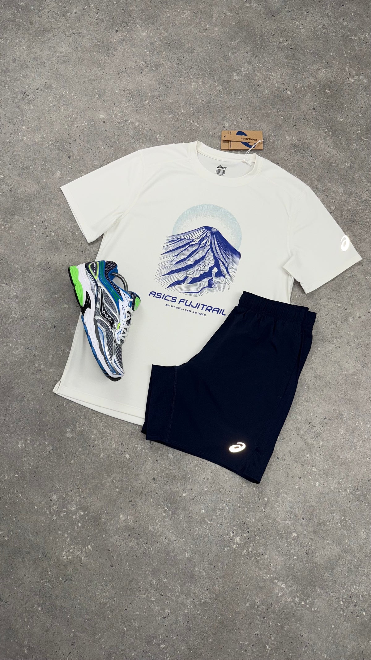 ASICS FUJITRAIL T-SHIRT & CORE SHORTS - CREAM COBALT / NAVY