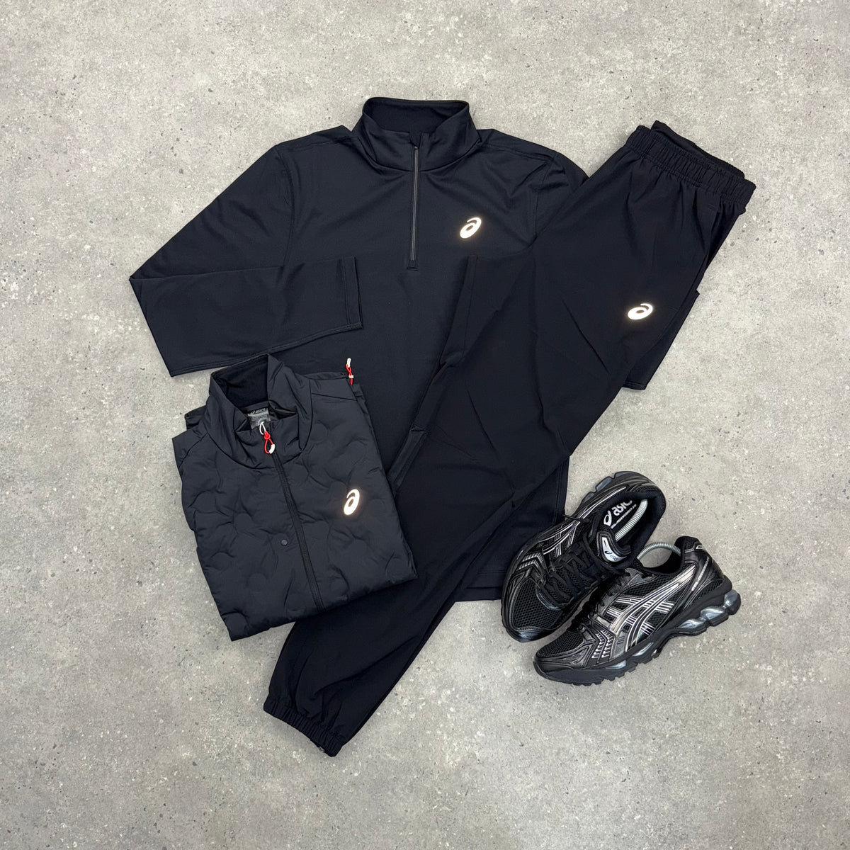 ASICS ROAD GILET, PERFORMANCE 1/4 ZIP TOP & CORE PANT 3 PIECE SET - BLACK