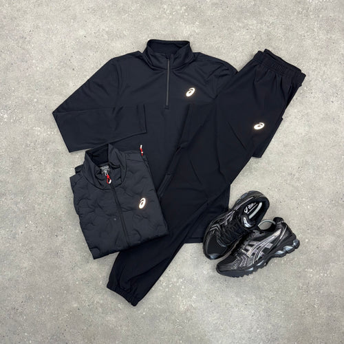 ASICS ROAD GILET, PERFORMANCE 1/4 ZIP TOP & CORE PANT 3 PIECE SET - BLACK