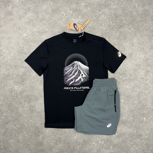 ASICS FUJITRAIL T-SHIRT & PANEL SHORTS SET - BLACK / GREY