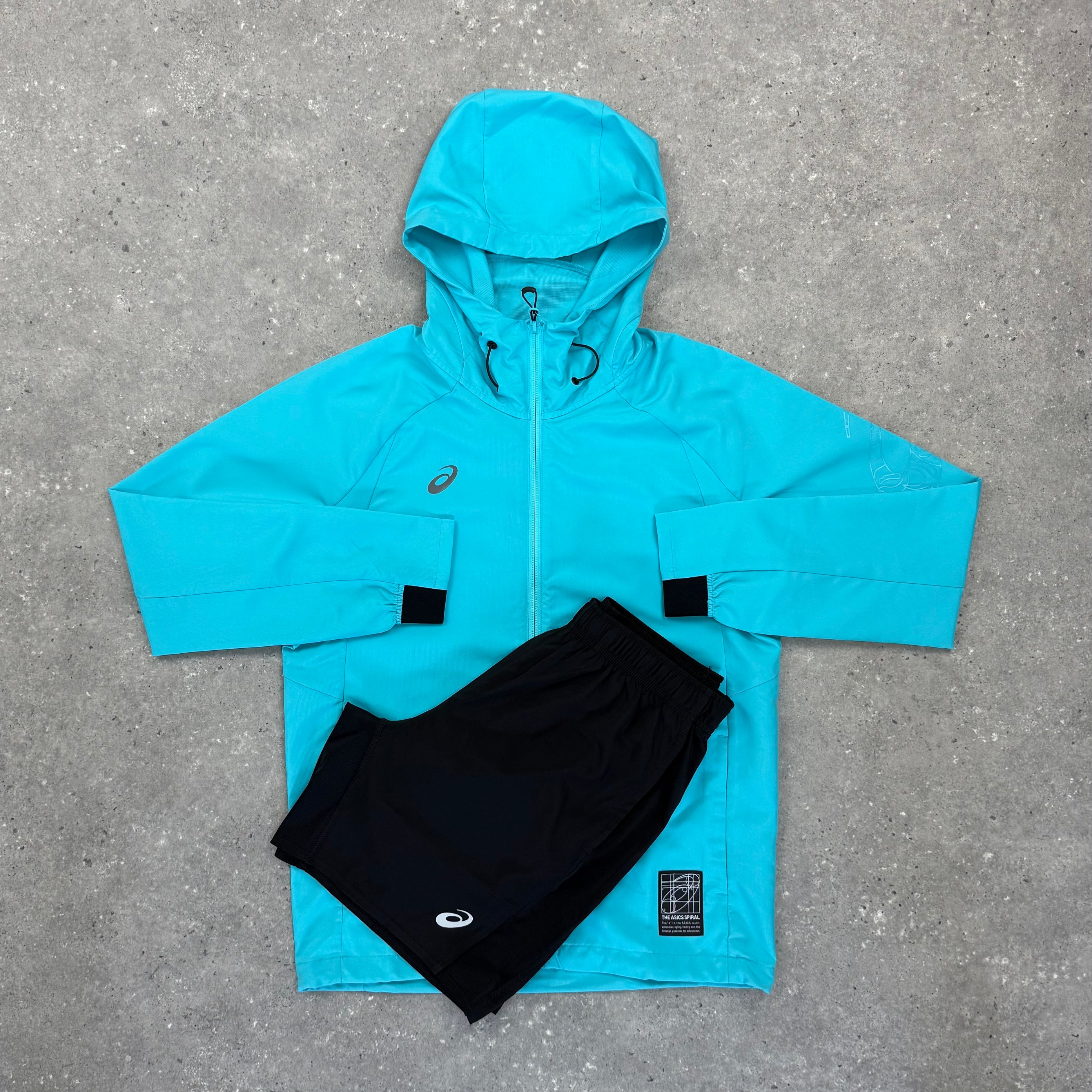ASICS SPIRAL WINDRUNNER JACKET & SHORT SET - AQUA/BLACK