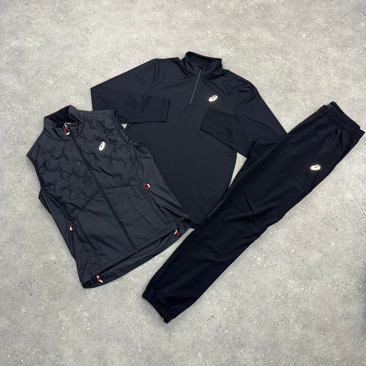 ASICS ROAD GILET, PERFORMANCE 1/4 ZIP TOP & CORE PANT 3 PIECE SET - BLACK