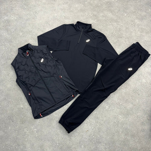 ASICS ROAD GILET, PERFORMANCE 1/4 ZIP TOP & CORE PANT 3 PIECE SET - BLACK