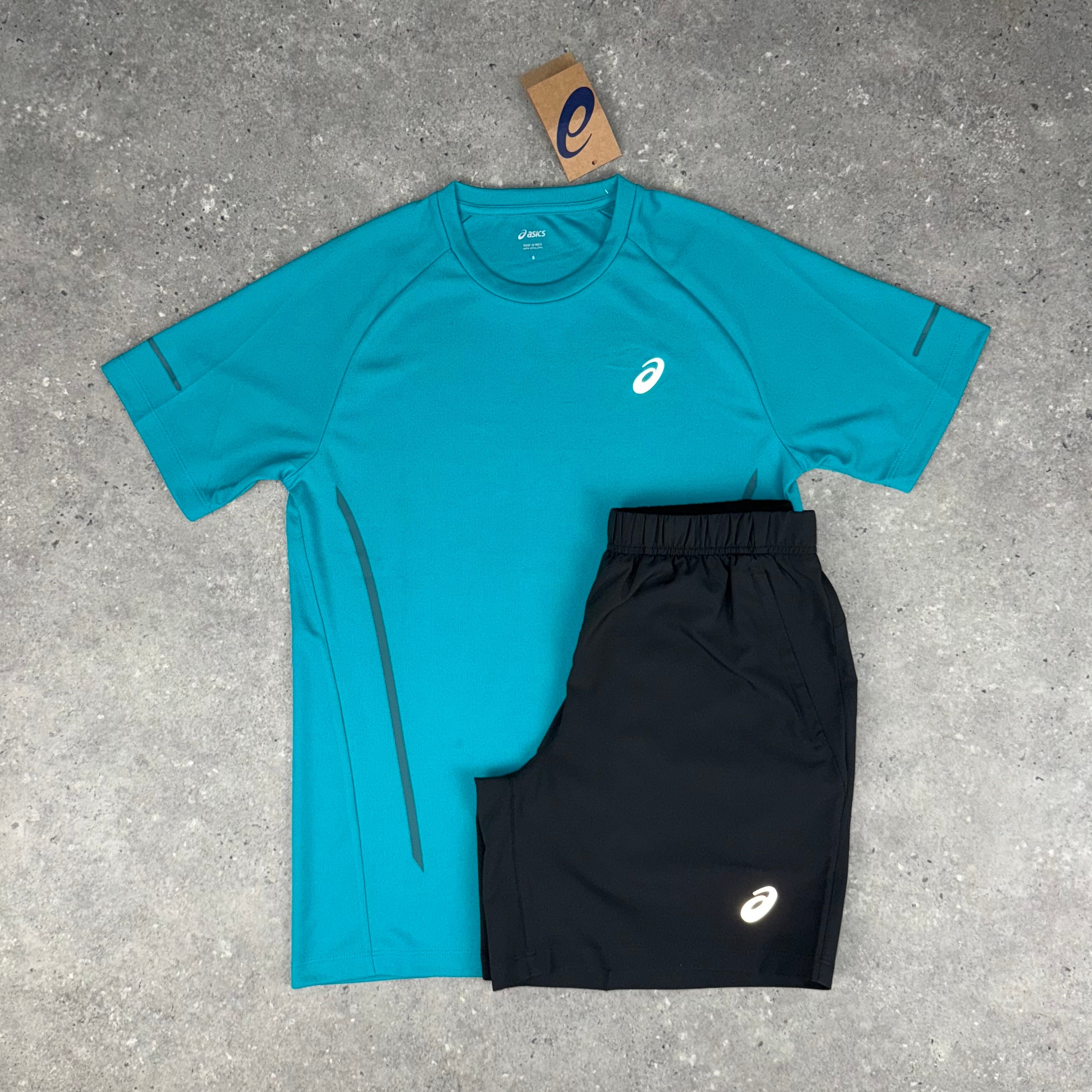 ASICS RAGLAN T-SHIRT & SHORT SET - LAGOON BLUE / DARK GREY