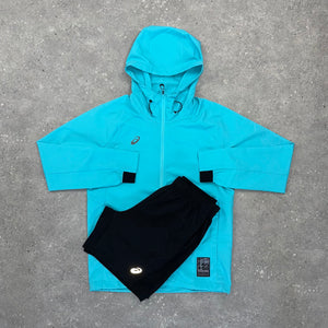 ASICS SPIRAL WINDRUNNER JACKET & SHORT SET - AQUA/BLACK