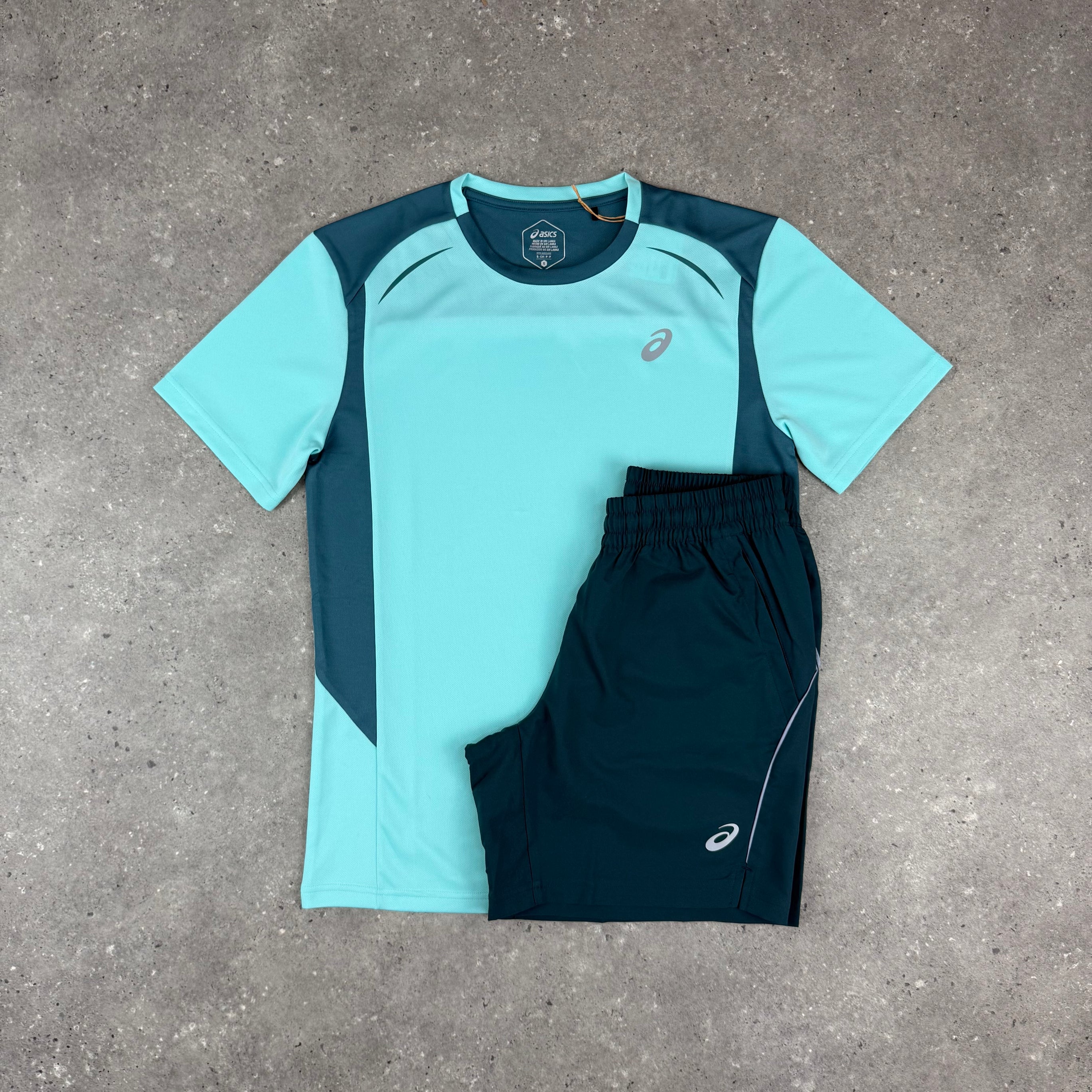 ASICS CURVED SEAM T-SHIRT & SHORT SET - MINT/SAXON GREEN
