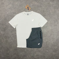 ASICS CORE T-SHIRT & PANEL SHORTS SET - WHITE / GREY