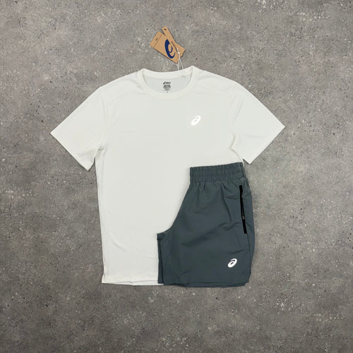 ASICS CORE T-SHIRT & PANEL SHORTS SET - WHITE / GREY
