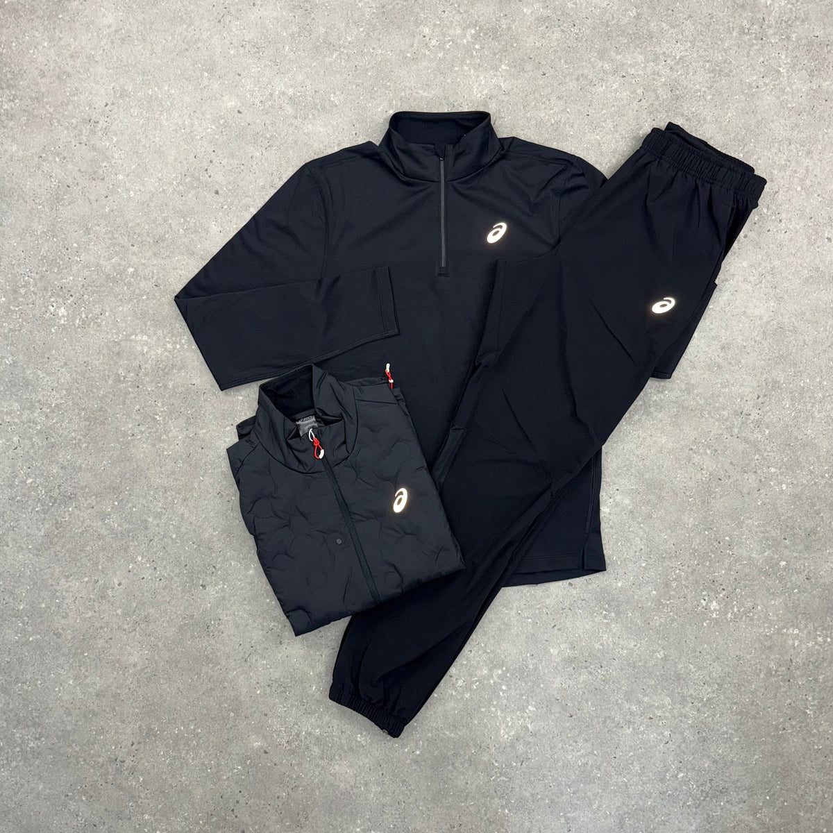 ASICS ROAD GILET, PERFORMANCE 1/4 ZIP TOP & CORE PANT 3 PIECE SET - BLACK