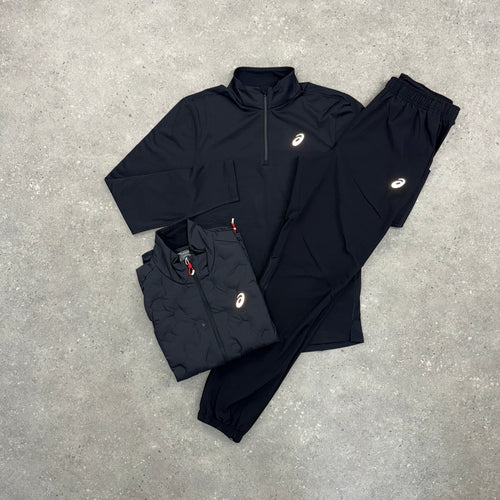 ASICS ROAD GILET, PERFORMANCE 1/4 ZIP TOP & CORE PANT 3 PIECE SET - BLACK
