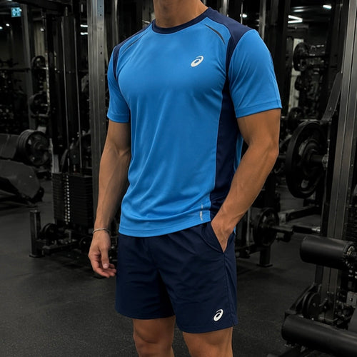 ASICS CURVED T-SHIRT & SHORT SET - NAVY / BLUE