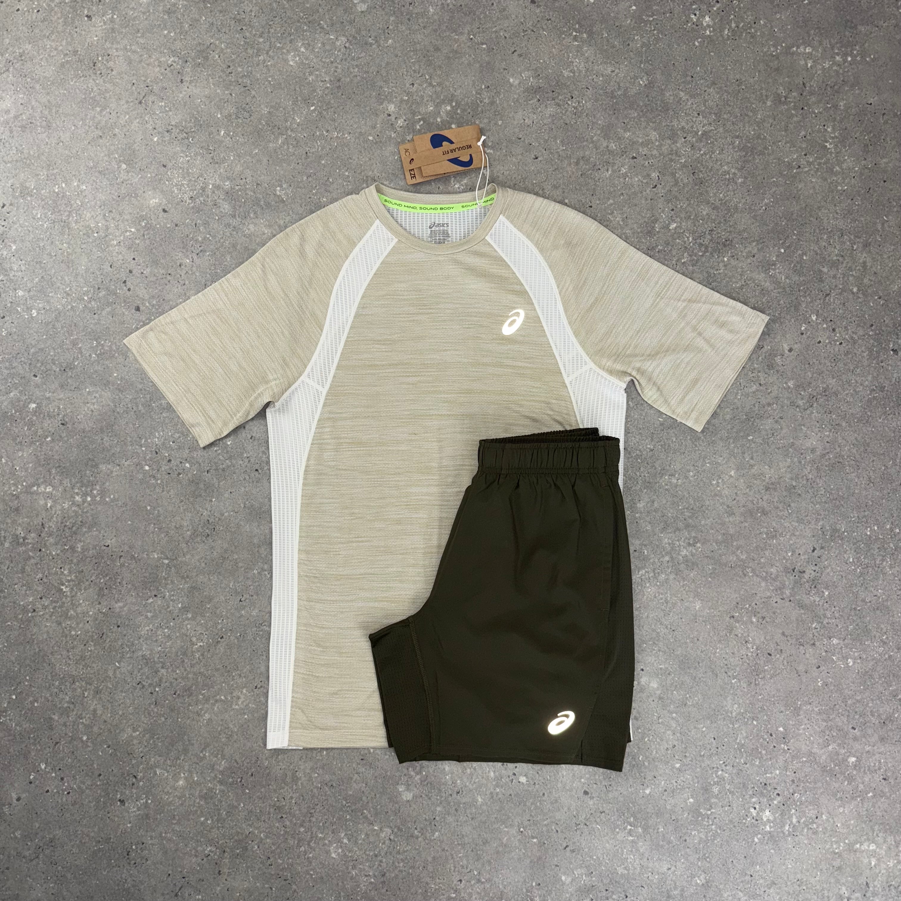 ASICS ROAD T-SHIRT & SHORT SET - BEIGE / BROWN